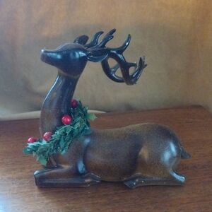 Elegant Brown Reindeer Figurine with Green and Red Accents